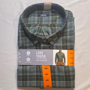 Izod Luxe Touch Blue and Green Plaid Shirt
